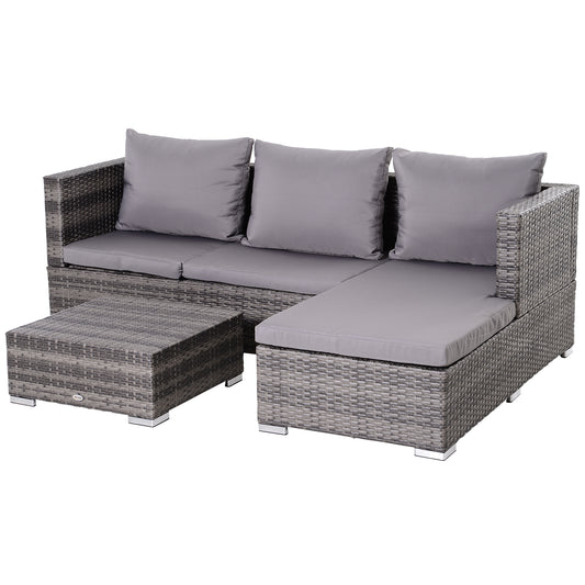 Photo of Outsunny 3PC Rattan Garden Furniture Storage Sofa Set, 4 Seater Wicker Coffee Table Conservatory Sun Lounger Reclining Set with Cushion, Grey in Grey colour on a white background