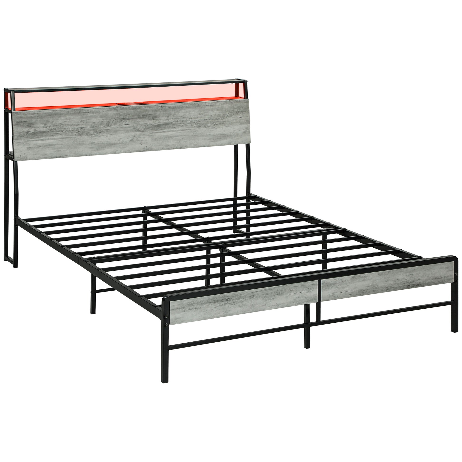 Photo of HOMCOM Double Steel Bed Frame, with LED Lights and Shelf - Grey in Grey colour on a white background