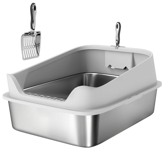 Photo of PawHut XXL Stainless Steel Cat Litter Box with High Sides, Metal Scoop, 70 x 50 x 30 cm in cm colour on a white background