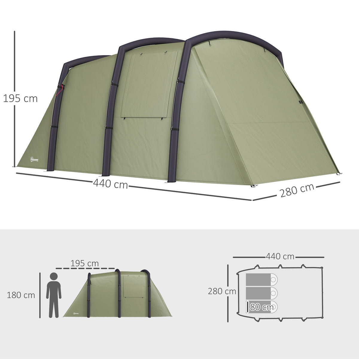 Outsunny Inflatable 3 Man Tunnel Tent w/ Air Pump, Living Area & Vestibule, Waterproof Family Camping Air Tent, Groundsheet, Removable Footprint for Hiking, 440L x 280W x 195Hcm, Olive Green