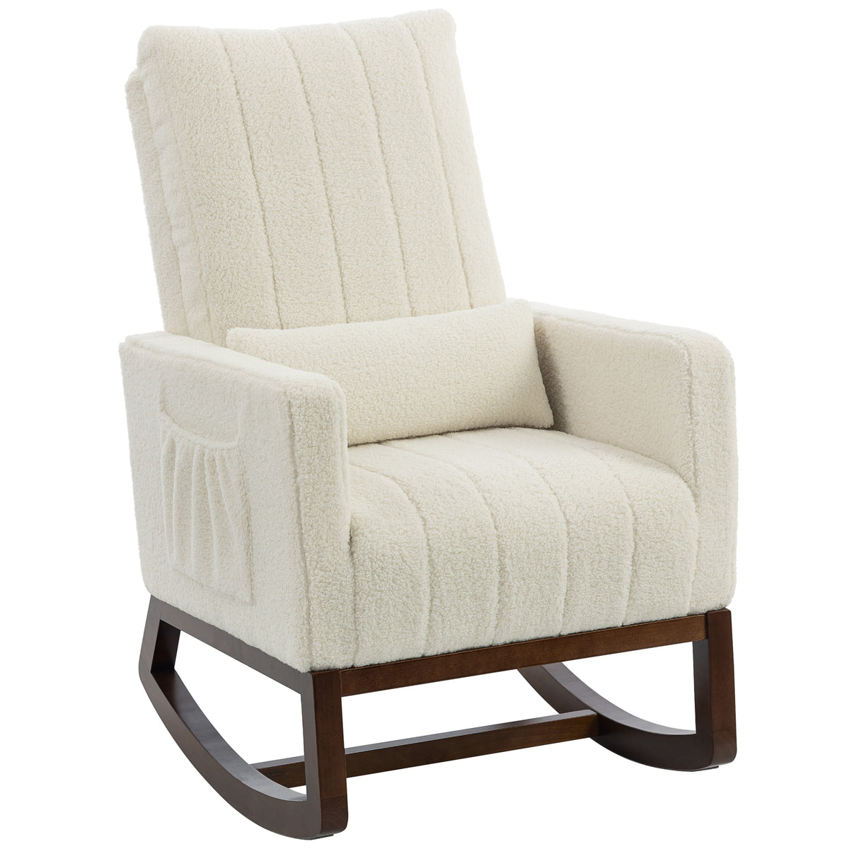 Photo of HOMCOM Rocking Chair for Adults, Lounge Rocker Chair with Lumbar Pillow, High Back, Wood Base, Side Pockets, Cream White in White colour on a white background
