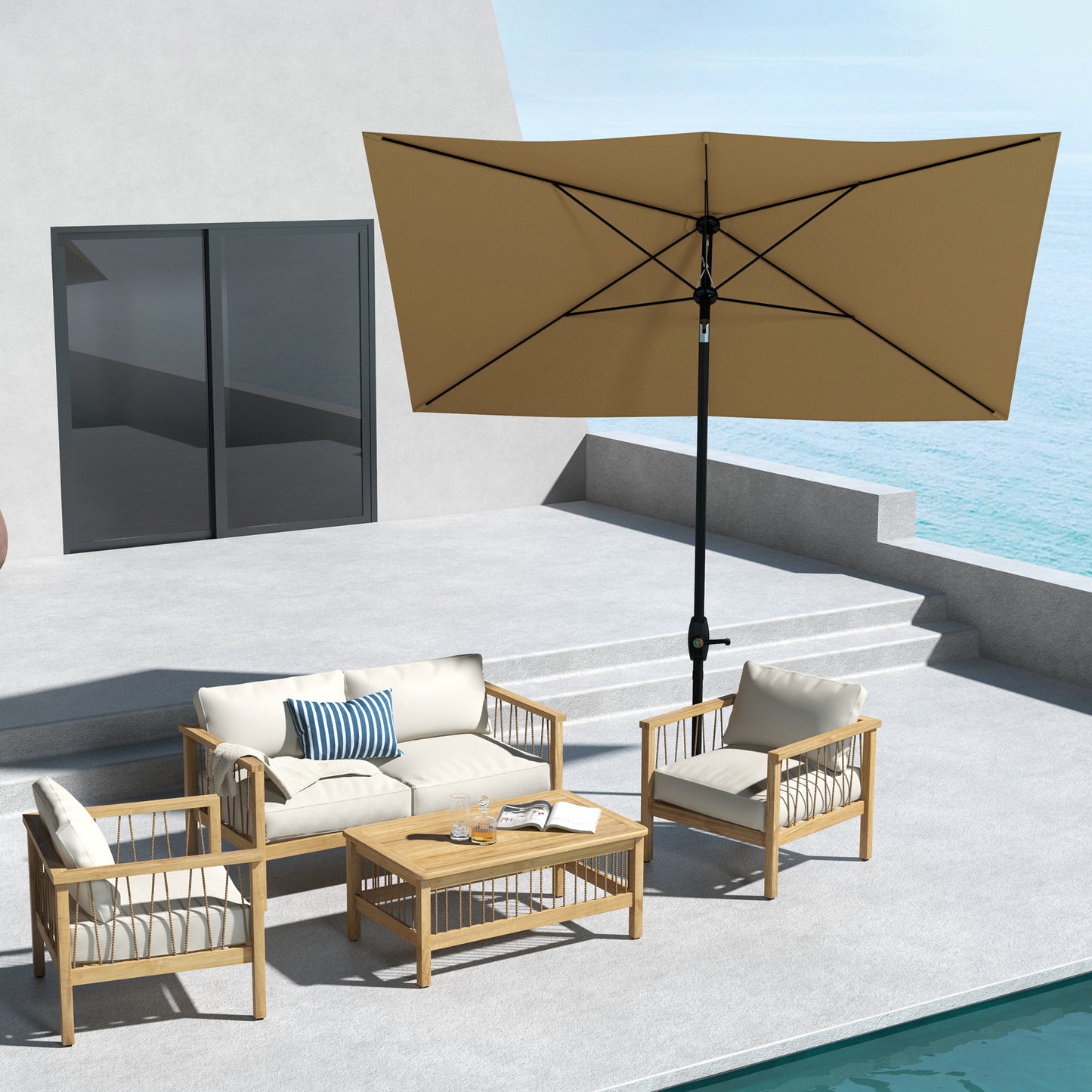 Outsunny 3 x 2 m Garden Parasol Umbrella with Aluminium Pole, UPF 50+ Rectangular Outdoor Table Parasol Sun Shade with Crank & Push Button Tilt, Metal Ribs, Brown