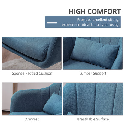 Blue upholstered swivel chair with padded cushion, lumbar pillow, armrests, and channel-stitched back
