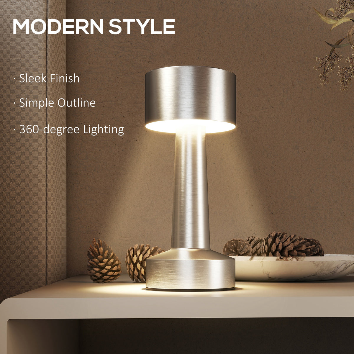 HOMCOM silver LED table lamp with a simple cylindrical shade and 360-degree lighting
