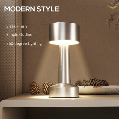 HOMCOM silver LED table lamp with a simple cylindrical shade and 360-degree lighting
