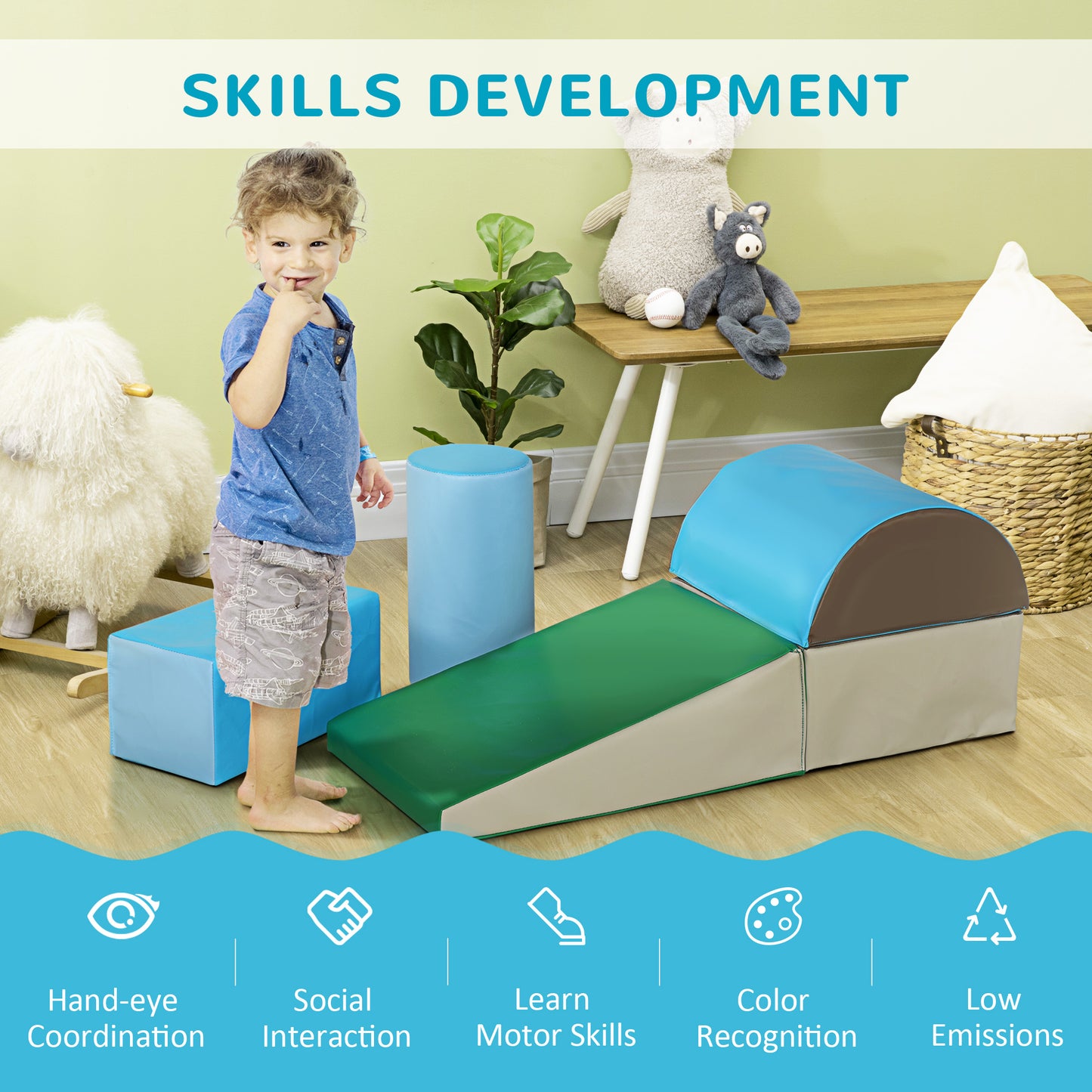 HOMCOM 5 Piece Kids Soft Play Set, Climb and Crawl Activity Toys Set for Baby Toddler, Soft Foam Blocks Indoor Play Equipment Learning Toys Blue