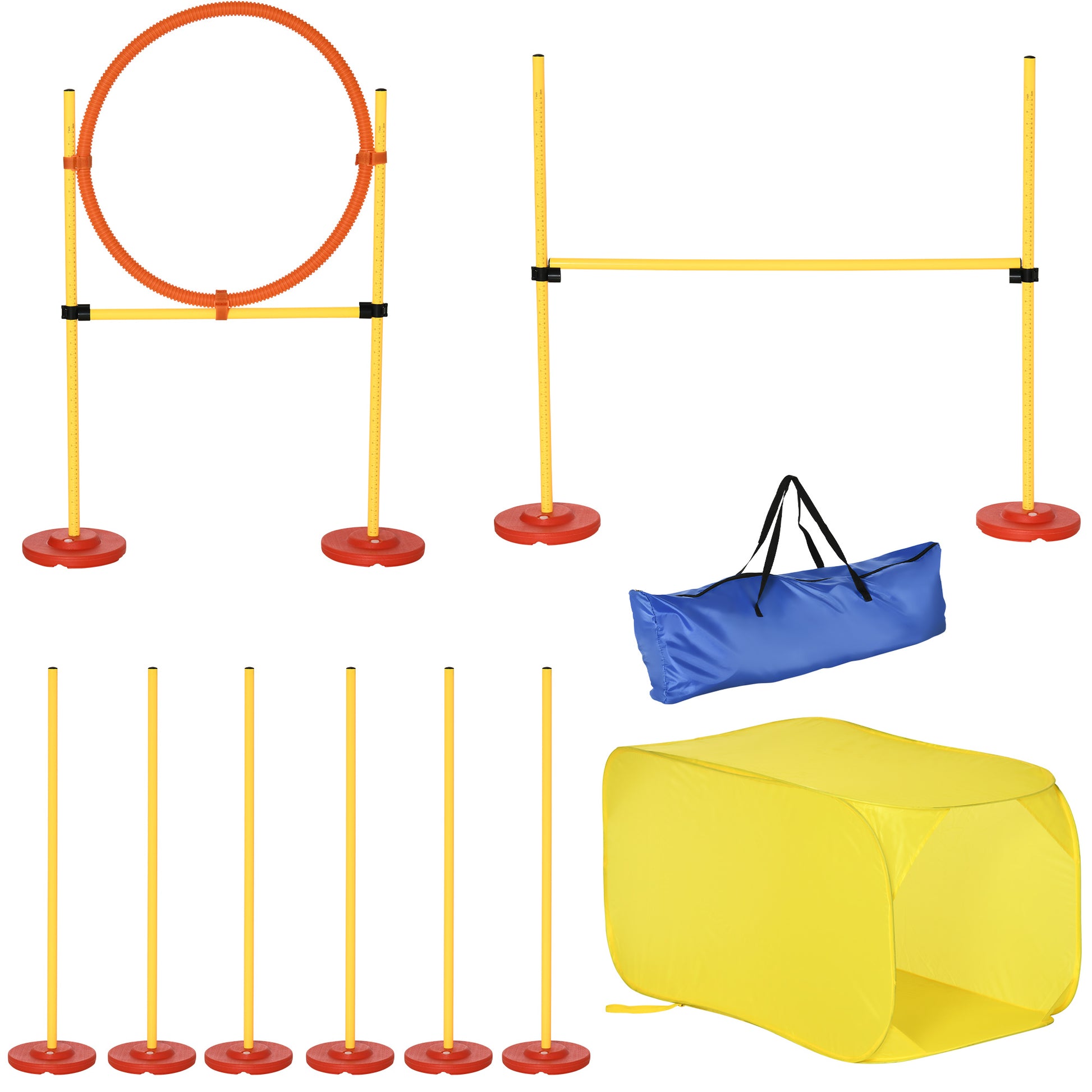 Photo of Pawhut Dog Agility Equipment Portable Pet Training Obstacle Set for Dogs 5 Pieces w/ Adjustable High Jumping Pole, Jumping Ring, Weave Poles, Tunnel in Tunnel colour on a white background