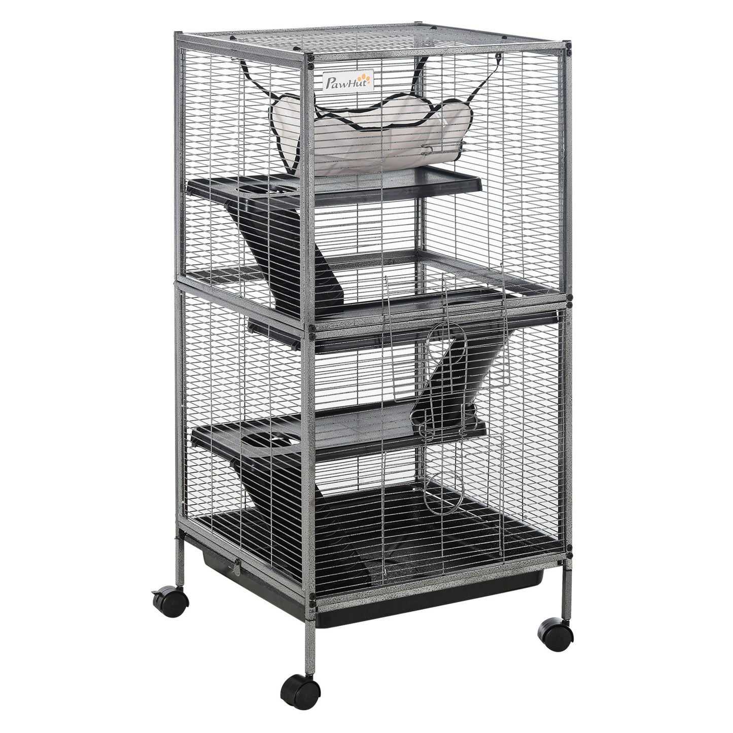 Photo of PawHut Small Animal Cage with Wheels Pet Home for Chinchillas Ferrets Kittens, with Hammock, 4 Platforms, Removable Tray, Silver in Silver colour on a white background