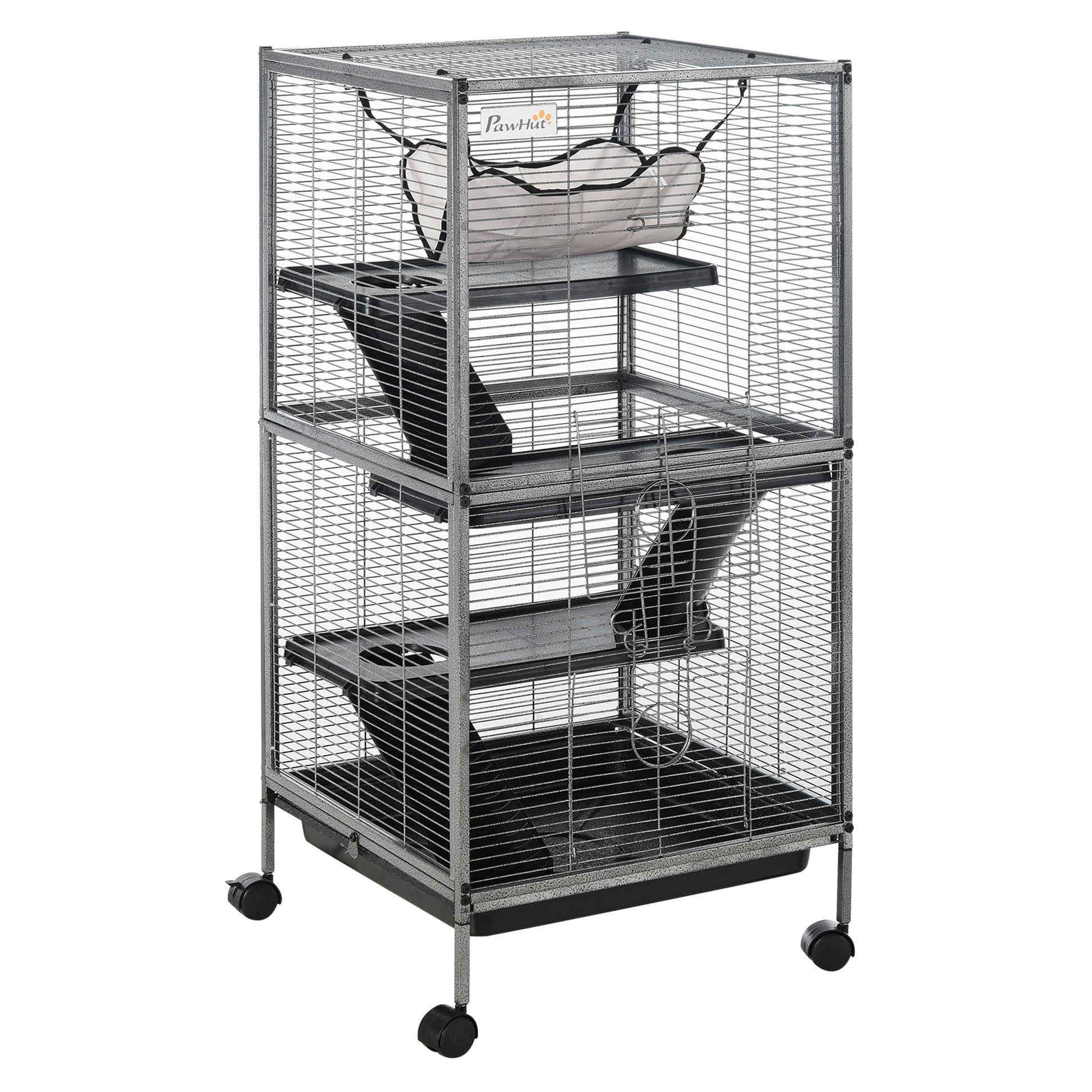 Photo of PawHut Small Animal Cage with Wheels Pet Home for Chinchillas Ferrets Kittens, with Hammock, 4 Platforms, Removable Tray, Silver in Silver colour on a white background