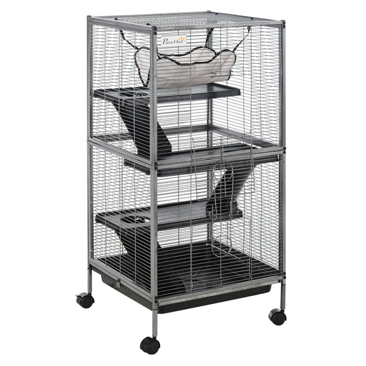 Photo of PawHut Small Animal Cage with Wheels Pet Home for Chinchillas Ferrets Kittens, with Hammock, 4 Platforms, Removable Tray, Silver in Silver colour on a white background