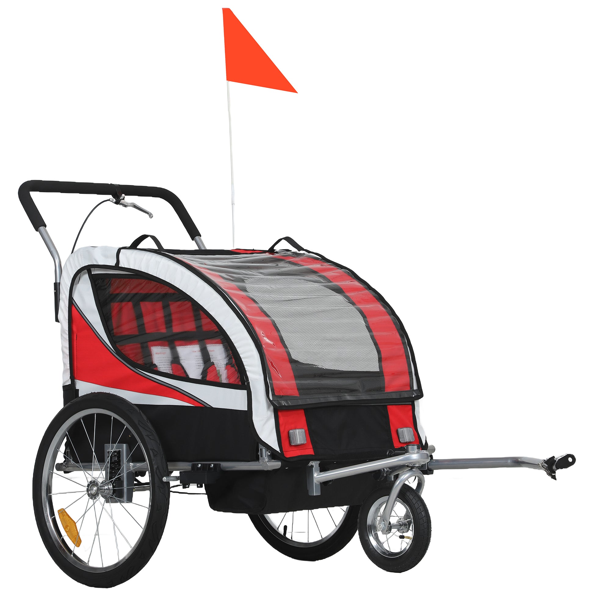 Photo of HOMCOM Baby Bike Trailer, Child Bicycle Trailer with 5 Point Harness, Steel Frame, Reflectors, Safety Flag, Hitch Coupler, Red in Red colour on a white background
