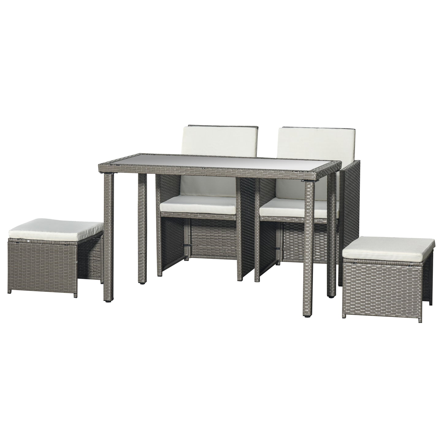 Photo of Outsunny 2 Seater Rattan Cube Garden Furniture Set, Rattan Dining Set with Cushions, Outdoor Dining Table and Chairs with 2 Armchairs, 2 Stools, Rectangular Glass Top Table for Patio, Balcony, Grey in Grey colour on a white background