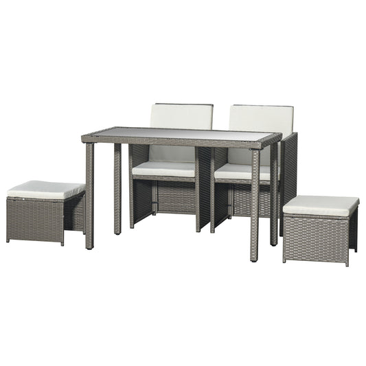 Photo of Outsunny 2 Seater Rattan Cube Garden Furniture Set, Rattan Dining Set with Cushions, Outdoor Dining Table and Chairs with 2 Armchairs, 2 Stools, Rectangular Glass Top Table for Patio, Balcony, Grey in Grey colour on a white background