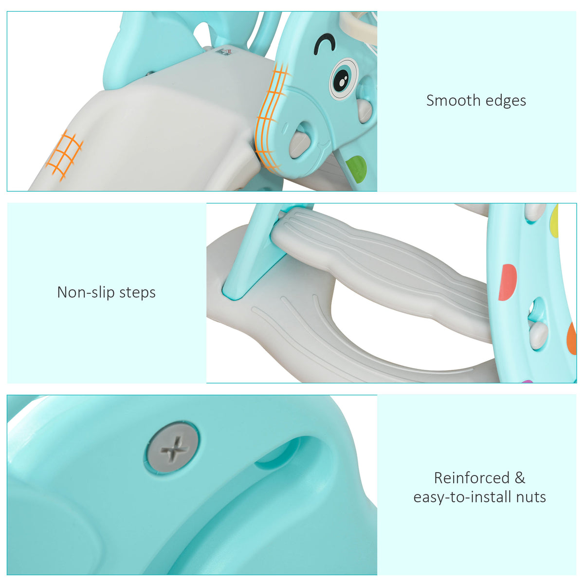 Toddler slide details showing smooth edges, textured steps, and a reinforced screw fitting