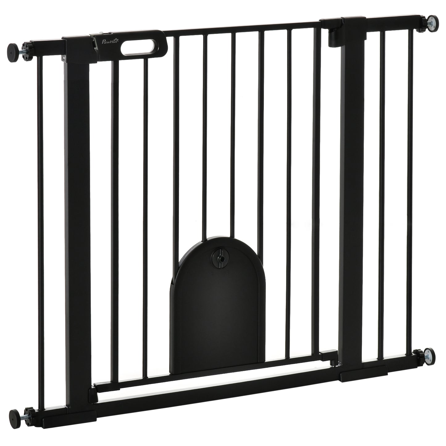 Photo of PawHut Dog Gate with Cat Flap Pet Safety Gate Barrier, Stair Pressure Fit, Auto Close, Double Locking, for Doorways, Hallways, 75-103 cm Black in Black colour on a white background