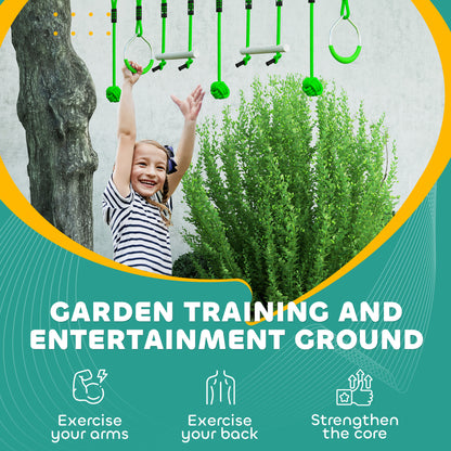 AIYAPLAY kids zip line kit with green hanging accessories above a child reaching up