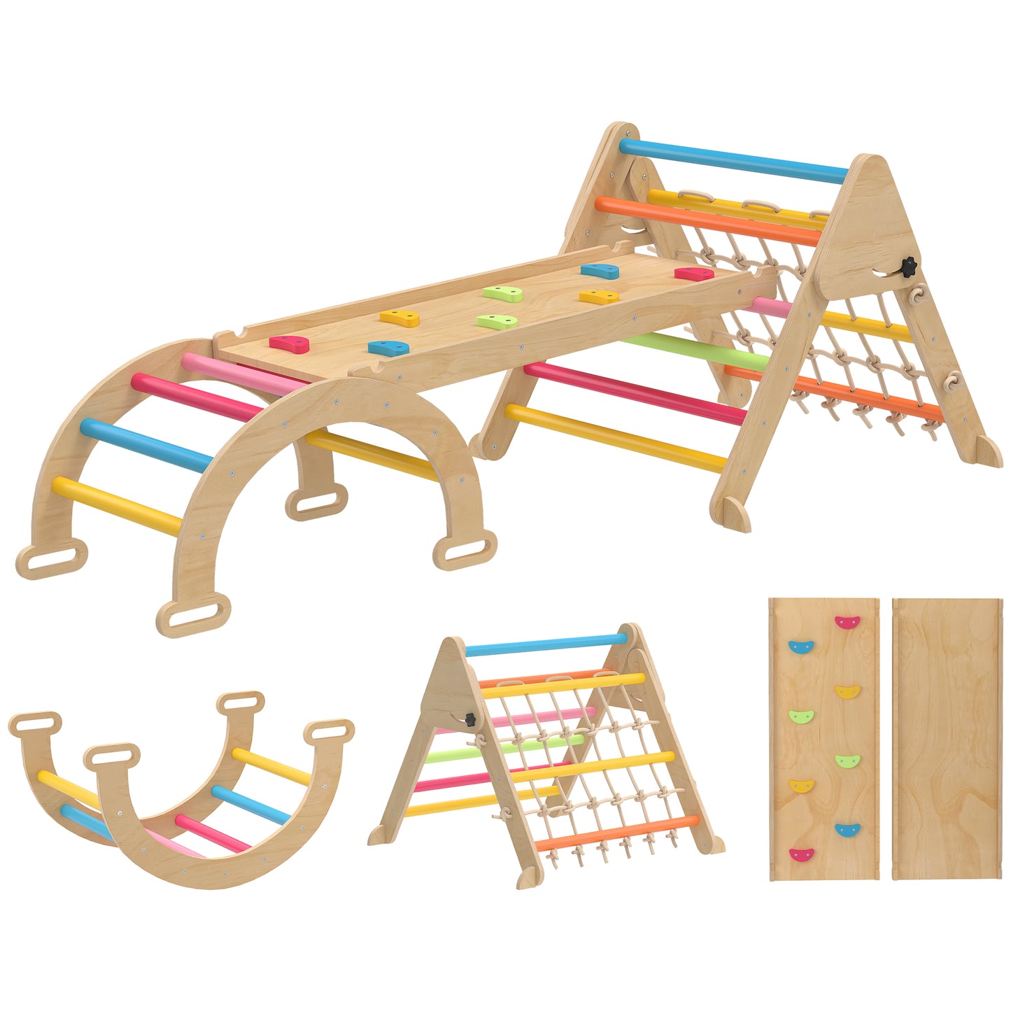 Photo of AIYAPLAY 8-in-1 Toddler Climbing Frame, Indoor Play Triangle Set with Slide, Arch and Triangle Ladder, Multicolour in Multicolour colour on a white background