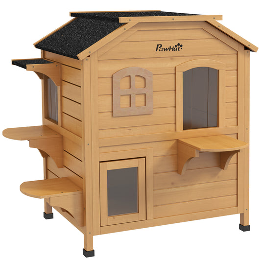 Photo of PawHut 2-story Cat House Outdoor, Weatherproof Wooden Cat Enclosure with Openable Roof, Jumping Platforms, Natural Wood Finish in Finish colour on a white background