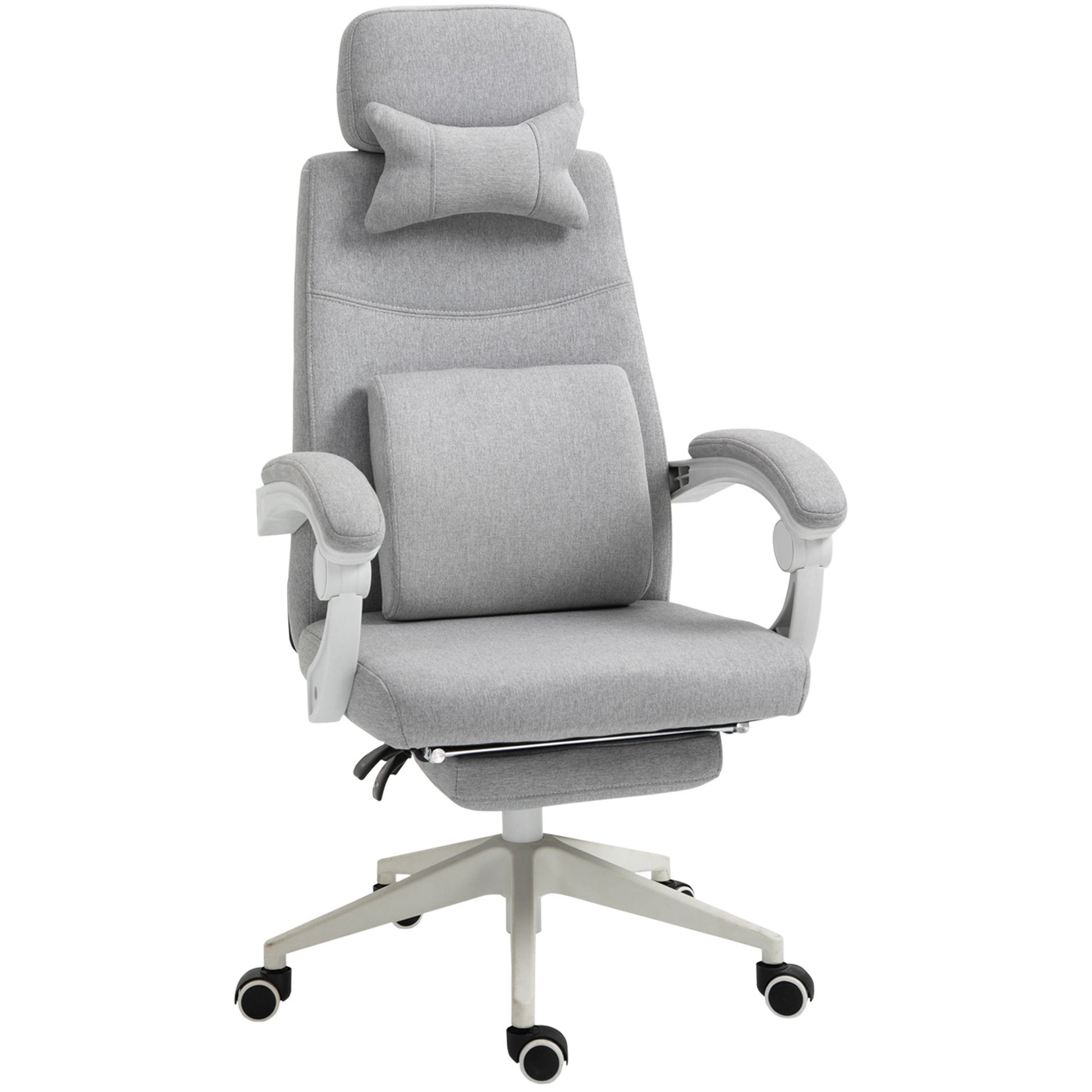 Photo of Vinsetto Office Chair, High Back Fabric Work Chair with 160° Reclining Backrest, Retractable Footrest, Neck and Lumbar Pillow, Light Grey in Grey colour on a white background