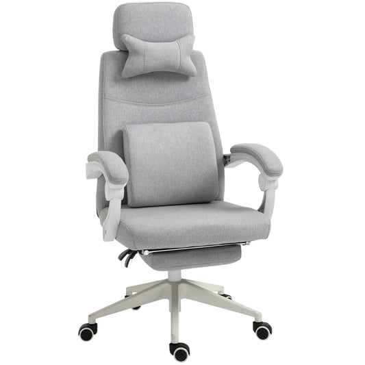 Photo of Vinsetto Office Chair, High Back Fabric Work Chair with 160° Reclining Backrest, Retractable Footrest, Neck and Lumbar Pillow, Light Grey in Grey colour on a white background