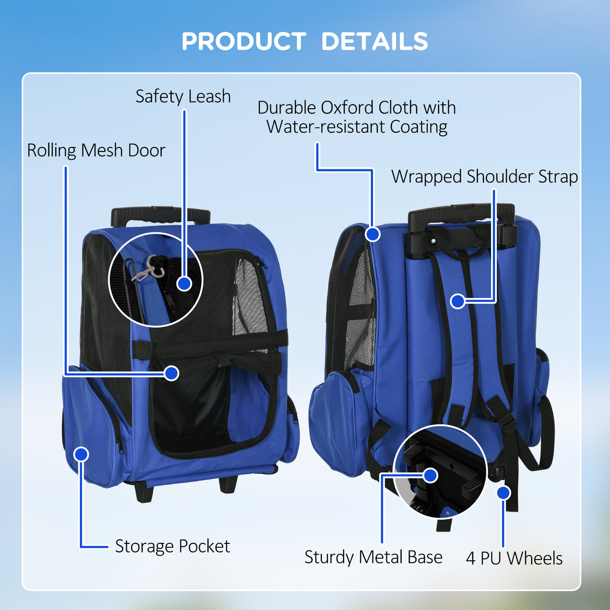 PawHut 2 in 1 Dog Backpack and Trolley, Pet Travel Backpack Cat Dog Carrier with Telescopic Handle, Portable Pet Stroller Wheel Luggage Bag (Blue)
