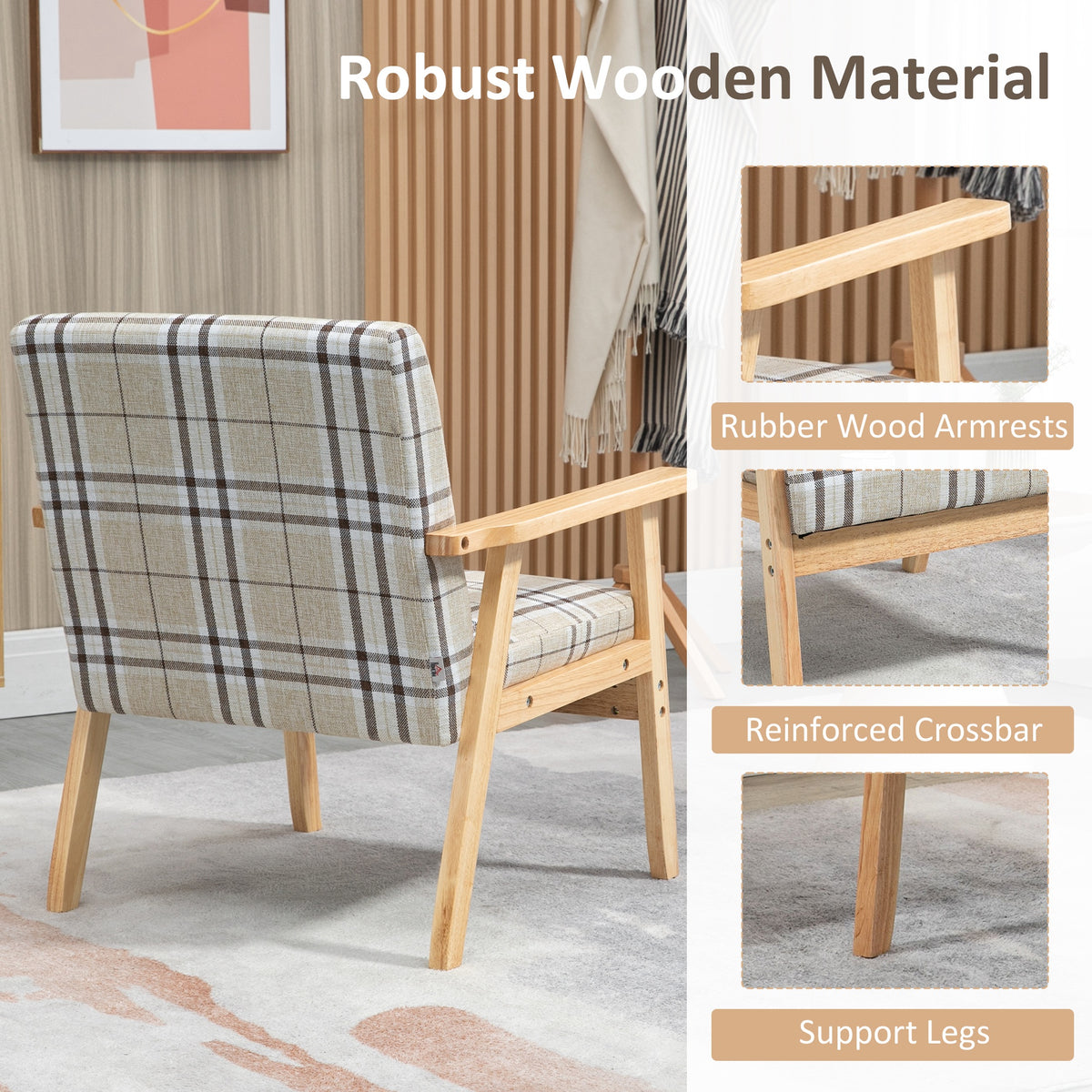 HOMCOM armchair with plaid upholstery, wooden armrests and support legs