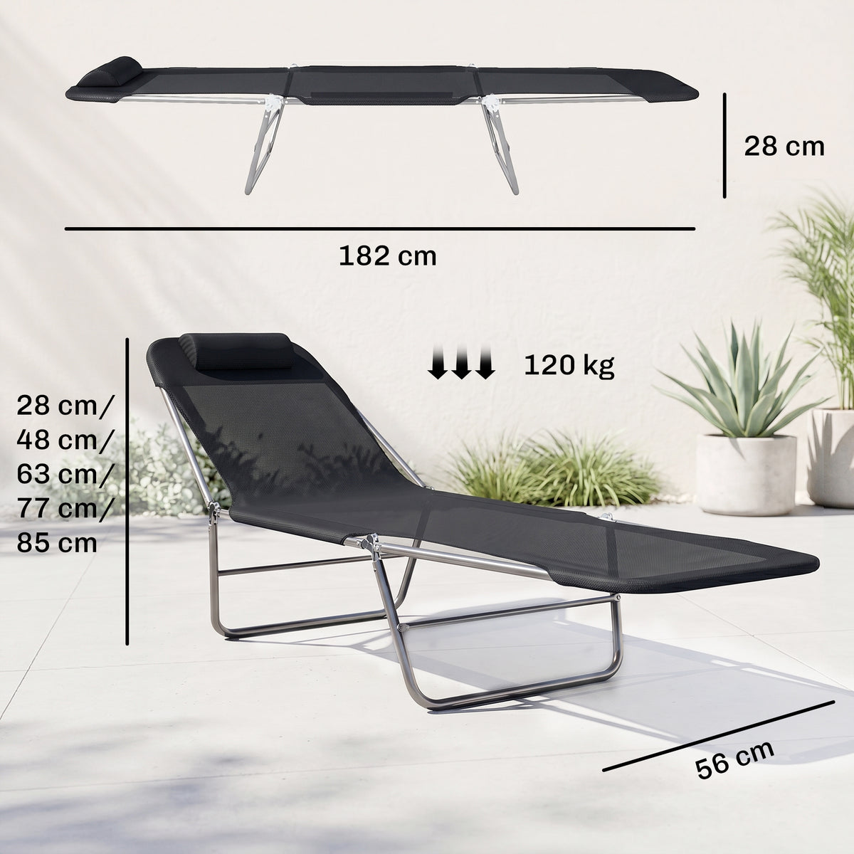 Outsunny Folding Sun Lounger, Texteline Reclining Sun Bed with 5 Position Adjustable Backrest, Headrest, Black