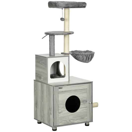 Photo of PawHut Enclosed Cat Litter Box with Cat House, Cat Bed, Scratching Posts, Platforms, for Indoor Cats - Grey in Grey colour on a white background