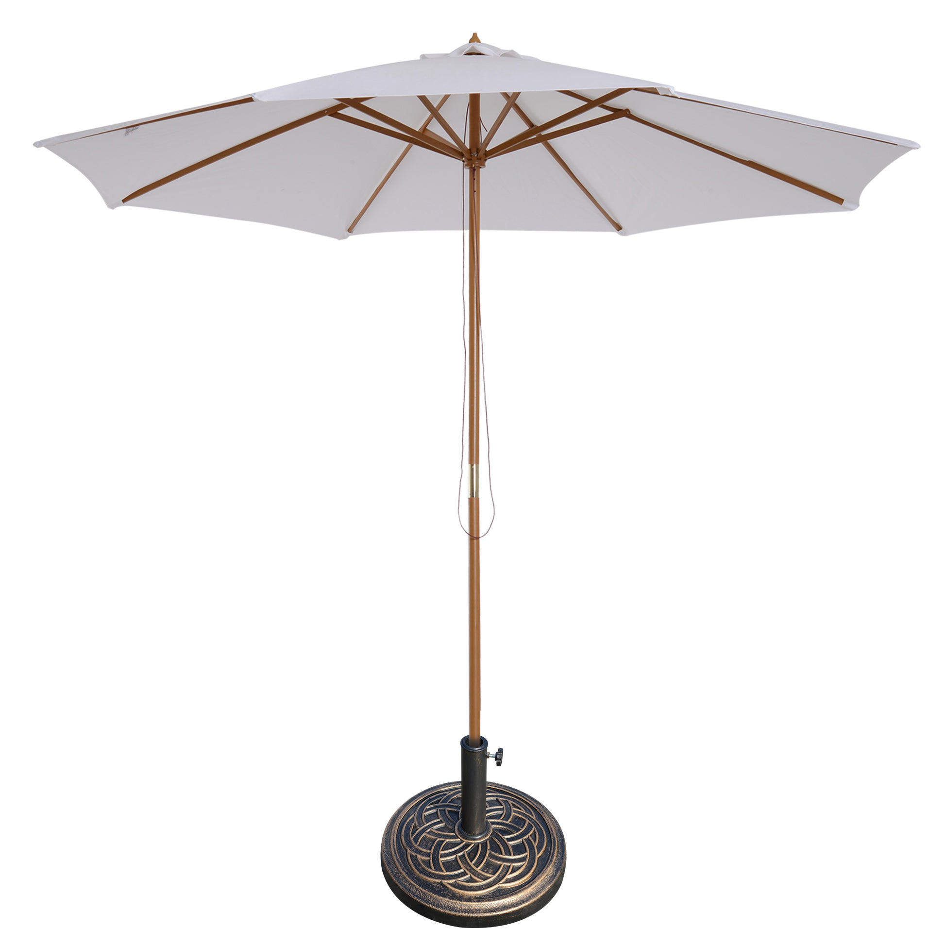 Photo of Outsunny 3 m Garden Parasol with Base, Pulley Operated Patio Umbrella, Wooden Parasol, Table Market Umbrella with Rope Pulley Mechanism and 8 Ribs, White in White colour on a white background