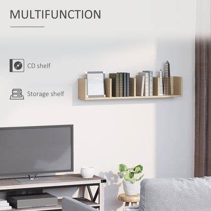 Natural wood wall-mounted media shelf holding books and discs above a TV.
