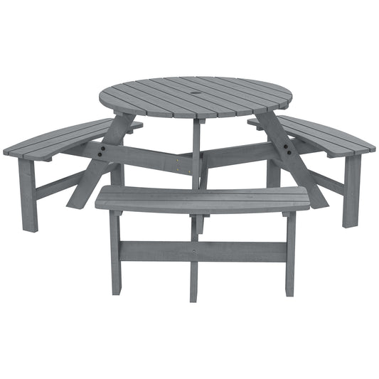 Photo of Outsunny Wooden Garden Dining Set, 6 Seater Round Dining Picnic Table with Matching Bench, Garden Furniture Set with Parasol Hole for Outdoor Patio Party and Family Gatherings, Grey in Grey colour on a white background