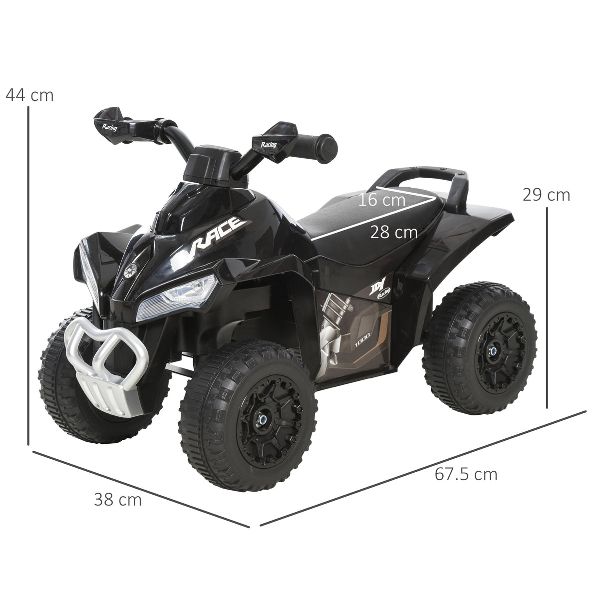 Black ride-on quad with dimensions marked: 67.5 cm long, 38 cm wide, and 44 cm high.