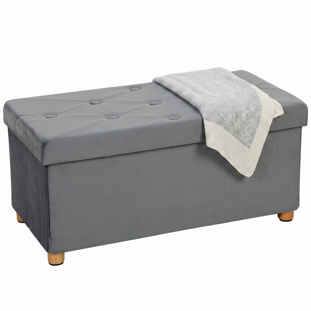 Photo of HOMCOM Velvet Upholstered Foldable Ottoman Footrest, Storage Ottoman Bench with Wood Legs for Living Room, Grey in Grey colour on a white background