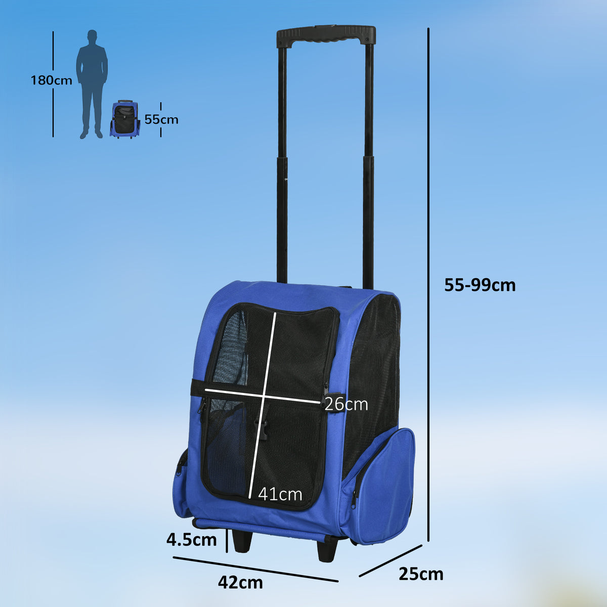 PawHut 2 in 1 Dog Backpack and Trolley, Pet Travel Backpack Cat Dog Carrier with Telescopic Handle, Portable Pet Stroller Wheel Luggage Bag (Blue)