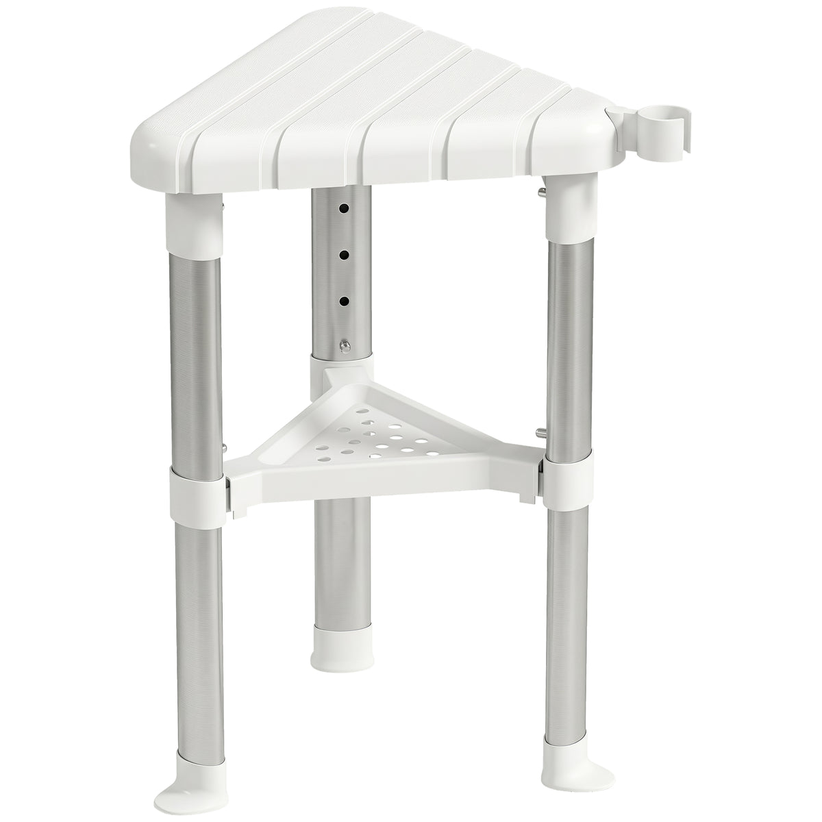 Photo of HOMCOM Shower Stool, Aluminium Alloy Corner Shower Chair with Storage Shelf and HDPE Seat, Adjustable Height, White in White colour on a white background
