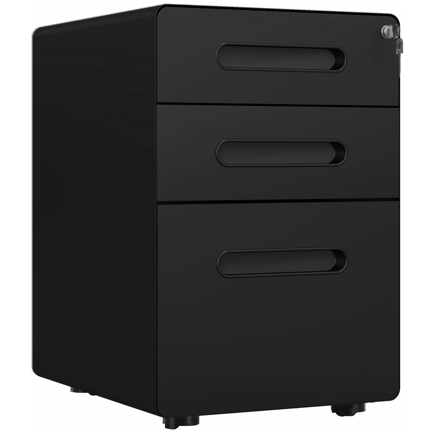 Photo of Vinsetto Lockable File Cabinet with 3 Drawers, Vertical Office Drawer for A4, Letter, Legal Size, Anti-tilt Design, Pre-Assembled Body, Black in Black colour on a white background
