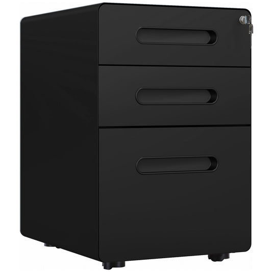 Photo of Vinsetto Lockable File Cabinet with 3 Drawers, Vertical Office Drawer for A4, Letter, Legal Size, Anti-tilt Design, Pre-Assembled Body, Black in Black colour on a white background