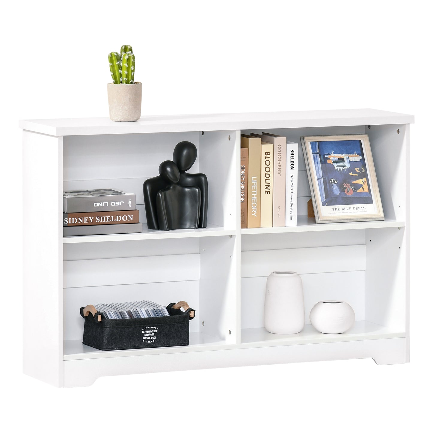 Photo of HOMCOM Wooden Cube Bookcase, 2 Tier Open Storage Shelving Unit with 4 Compartments, Freestanding Display Bookshelf for Home Office Living Room Furniture, 118 x 29 x 76cm, White in White colour on a white background