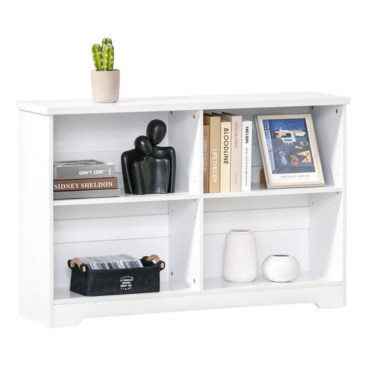 Photo of HOMCOM Wooden Cube Bookcase, 2 Tier Open Storage Shelving Unit with 4 Compartments, Freestanding Display Bookshelf for Home Office Living Room Furniture, 118 x 29 x 76cm, White in White colour on a white background