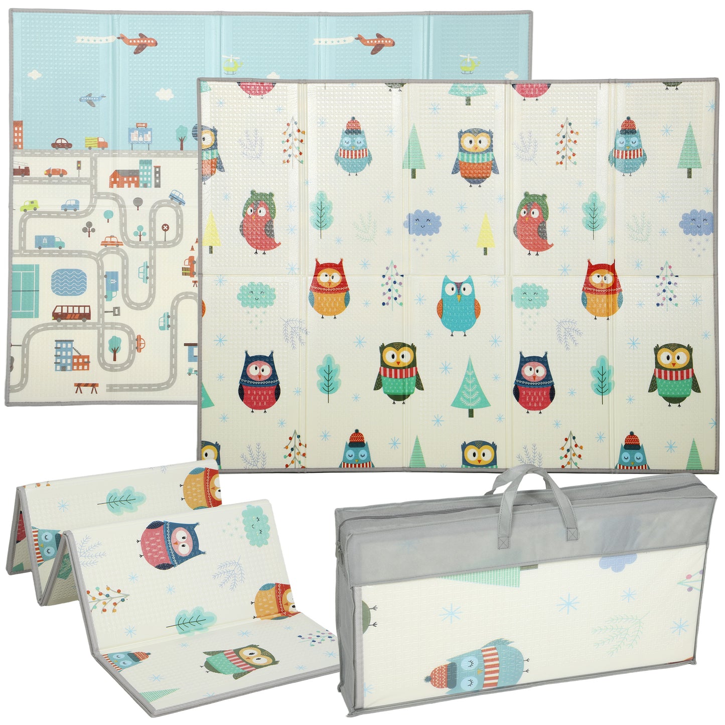 Photo of AIYAPLAY Foldable Baby Plat Mat Double Sided, Kids Floor Mat for Crawling, 200L x 150W cm, Car track and Owl Theme in Theme colour on a white background
