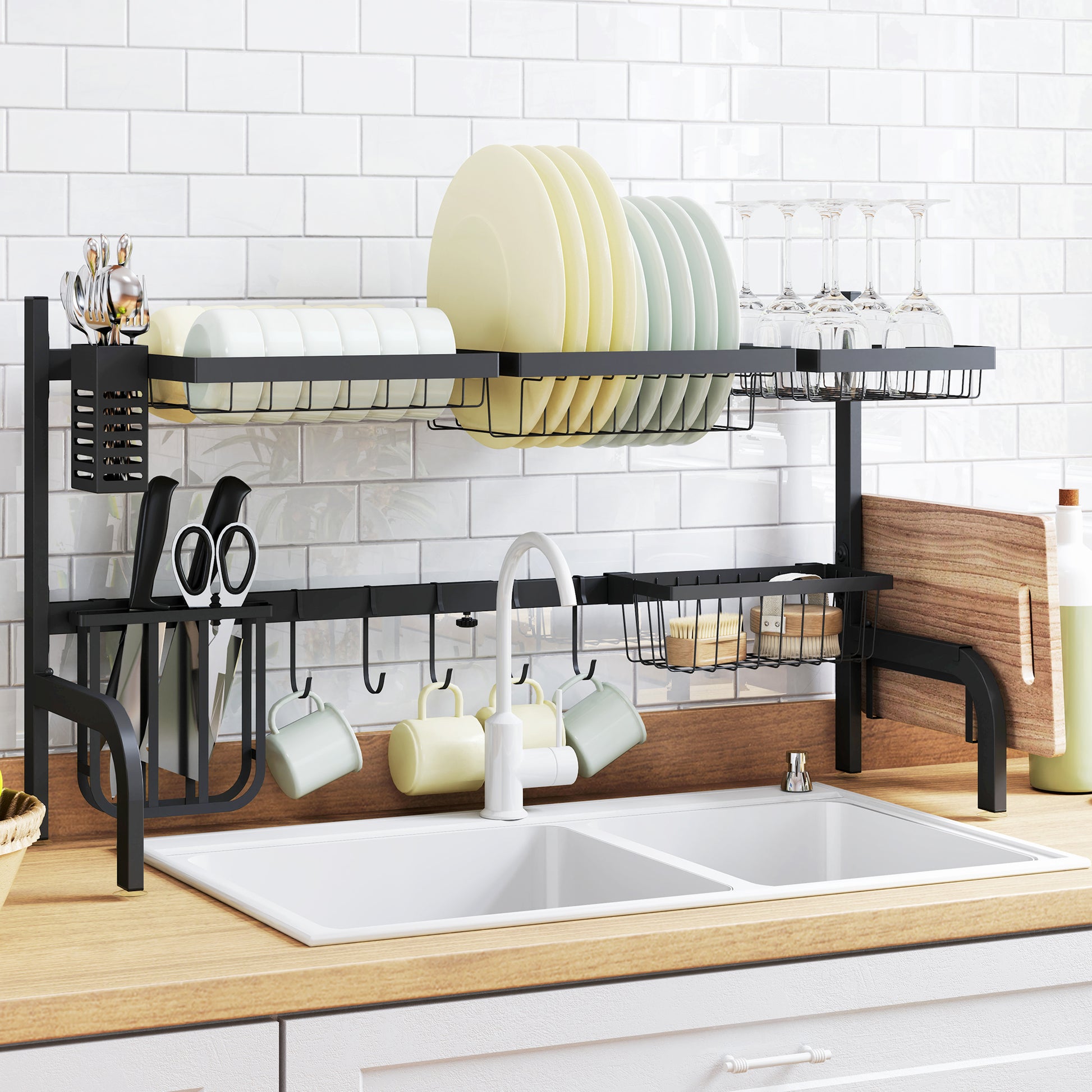 Photo of HOMCOM Space Saving 2 Tier Adjustable Dish Drainer Over The Sink Dish Drying Rack, Black in Black colour on a white background