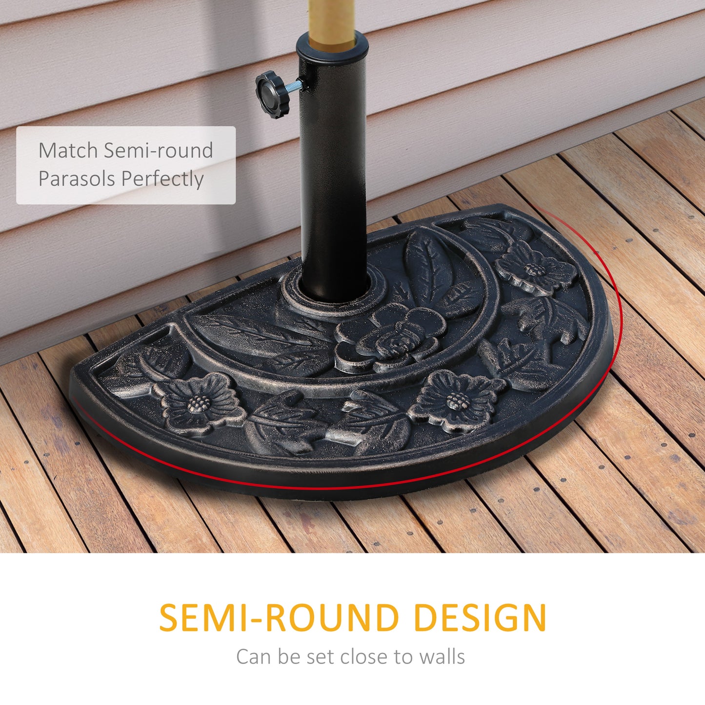 Outsunny 9kg Resin Parasol Base, Half Round Umbrella Stand with Floral Design for Garden, Outdoor, Suitable Umbrella Rod: Φ3.8cm, Φ4.8cm, Bronze Tone