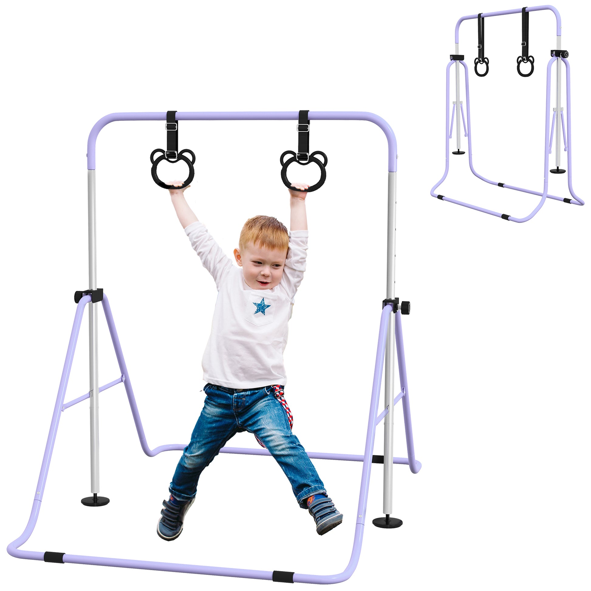 Photo of HOMCOM Adjustable Height, Foldable Kids Gymnastics Bar w/ Non-slip Rubber Floor Rings, for 3+ Years, Purple in Purple colour on a white background