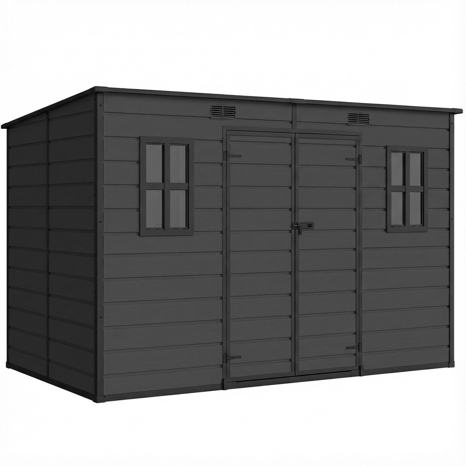 Photo of Outsunny 10 x 6 ft Resin Garden Shed, Outdoor Storage Shed with Floor, Windows, Lockable Doors and Vents, Dark Grey in Grey colour on a white background