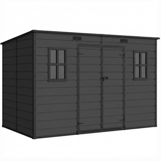 Photo of Outsunny 10 x 6 ft Resin Garden Shed, Outdoor Storage Shed with Floor, Windows, Lockable Doors and Vents, Dark Grey in Grey colour on a white background