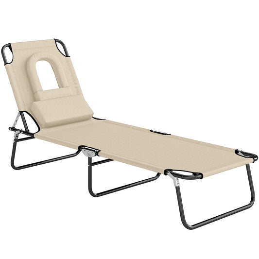 Photo of Outsunny Folding Sun Lounger with Face Hole, 4-Position Adjustable Backrest Garden Recliner Chair Sunbed, Outdoor Lounge Chair with 600 D Oxford Cloth Seat, Pillow for Beach, Beige in Beige colour on a white background