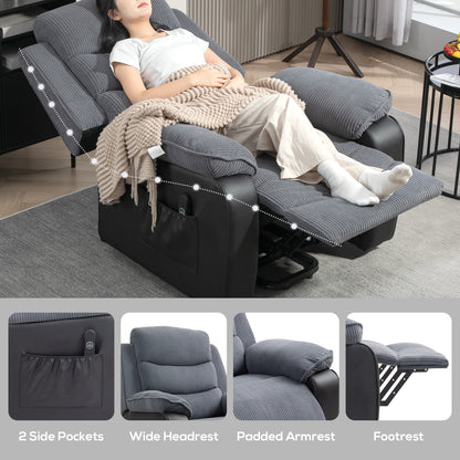Electric lift chair reclined with extended footrest, padded arms and side pockets