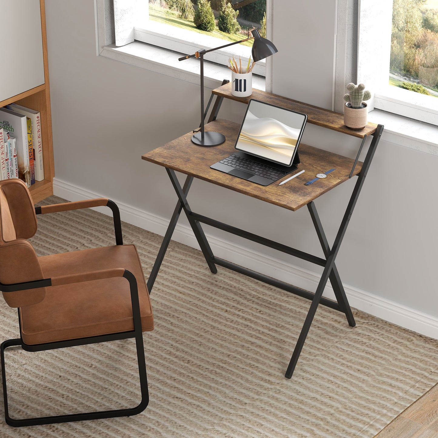 HOMCOM 81.5 cm Folding Computer Desk with Monitor Shelf - Rustic Brown