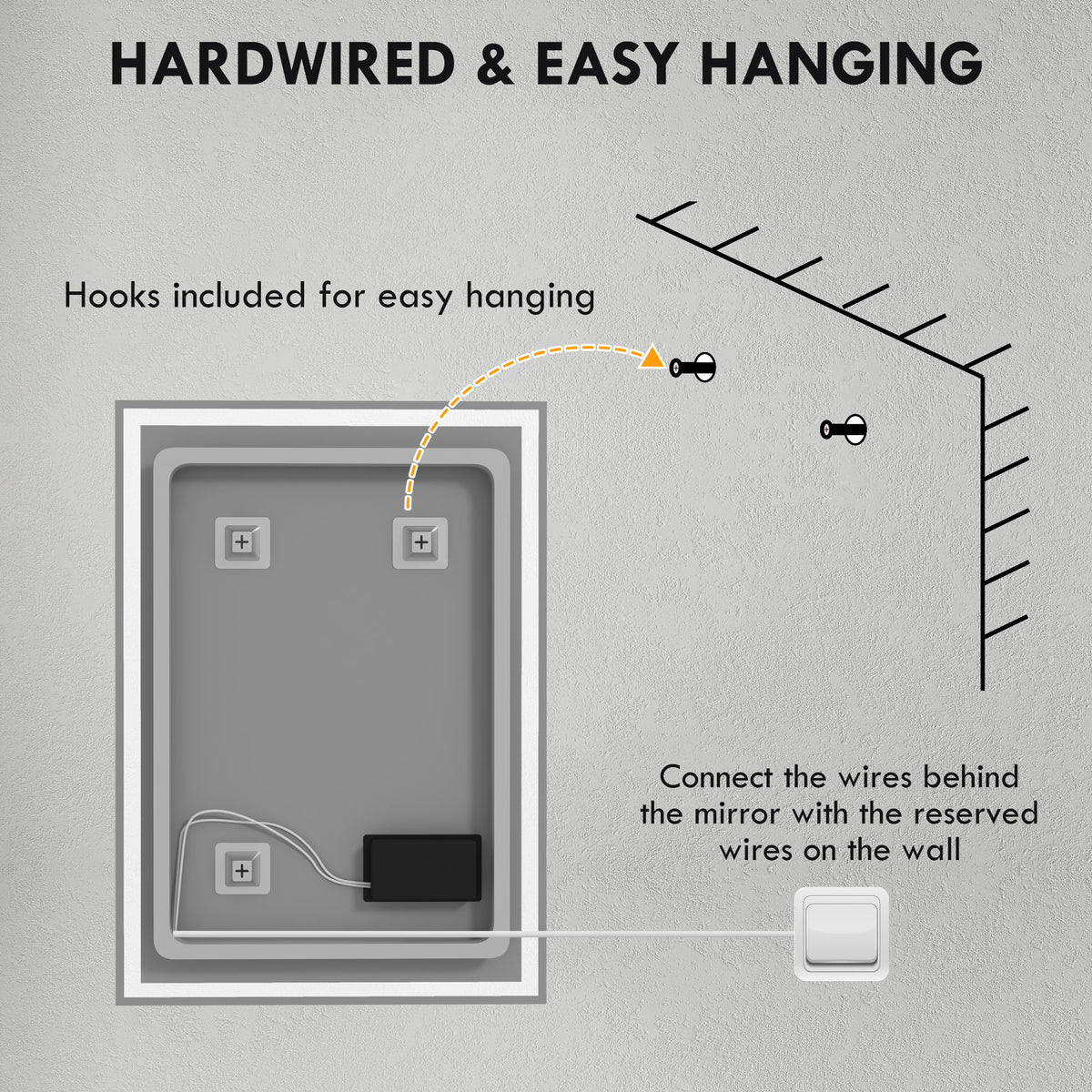 LED bathroom mirror back with hanging hooks and hardwired connection