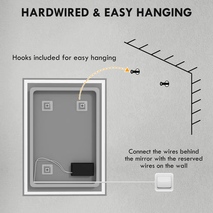 LED bathroom mirror back with hanging hooks and hardwired connection